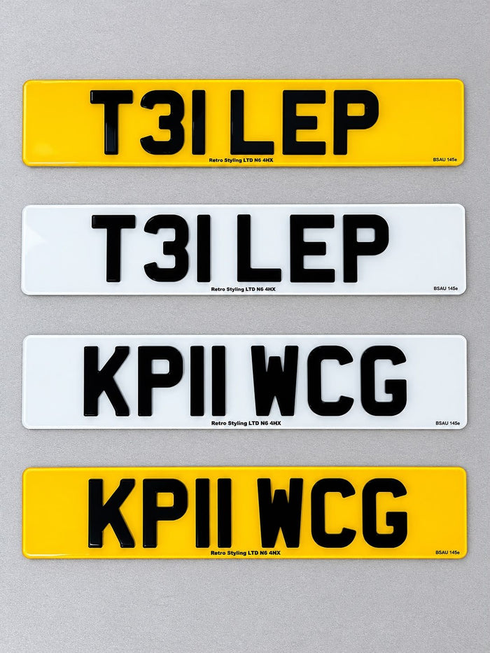 Front and rear raised number plates made by Retro Styling